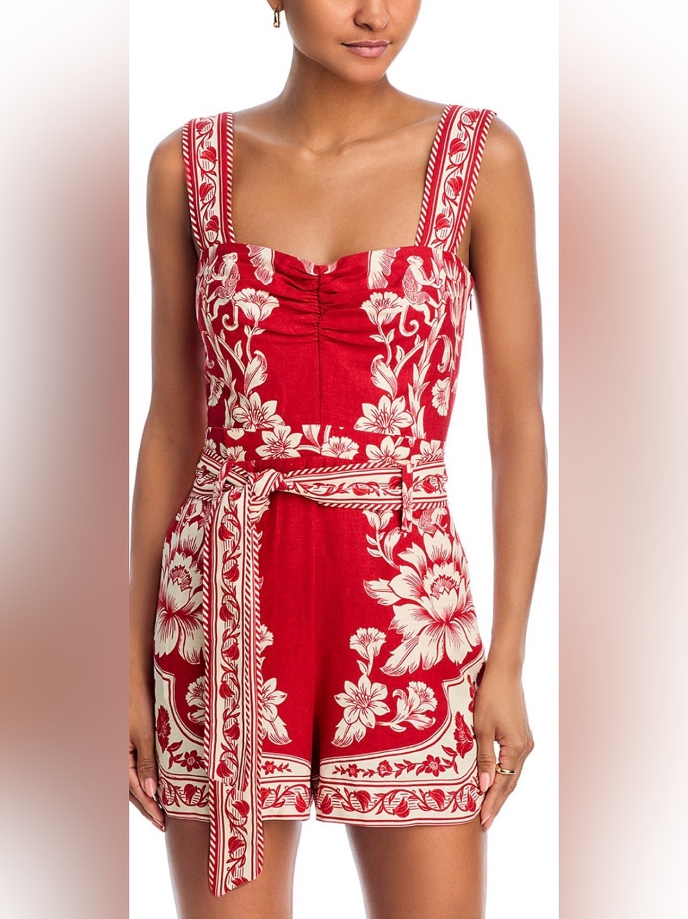 FARM Rio Red and Cream Floral Print Romper with Waist Tie - Picture 2 of 10